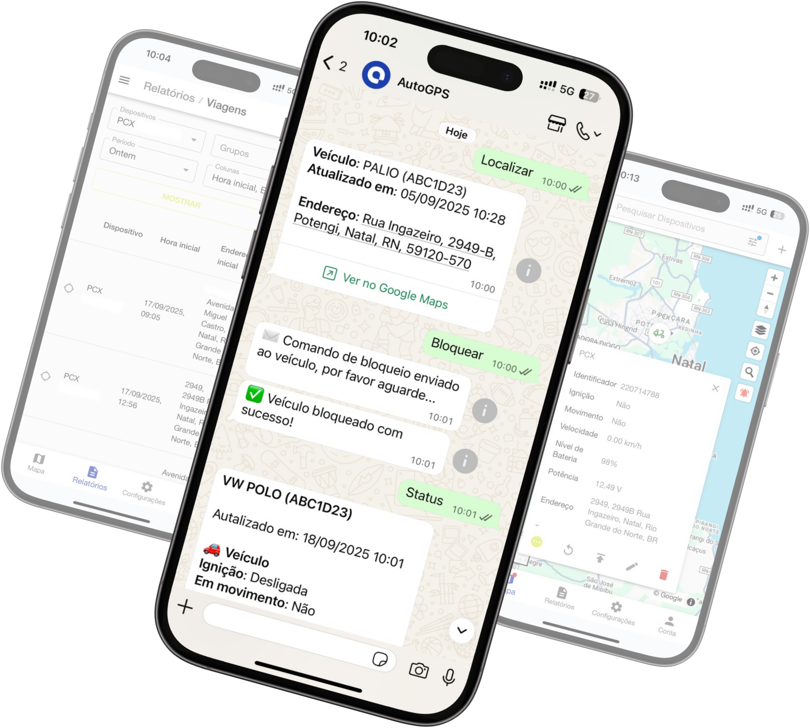 Mockup do WhatsApp exibindo bloqueio veicular da AutoGPS