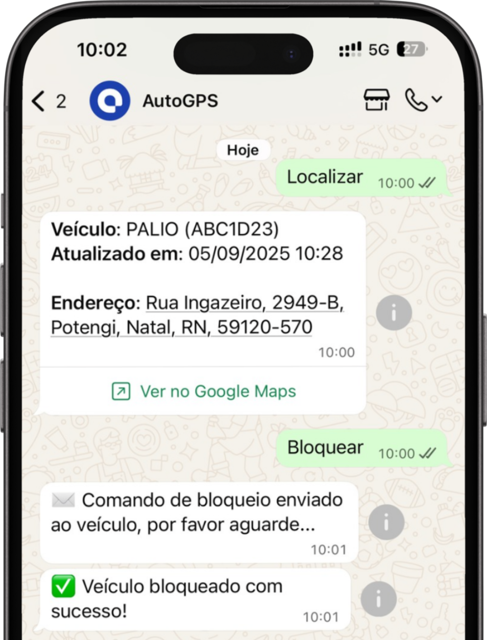 Mockup do WhatsApp com comandos de rastreamento veicular da AutoGPS